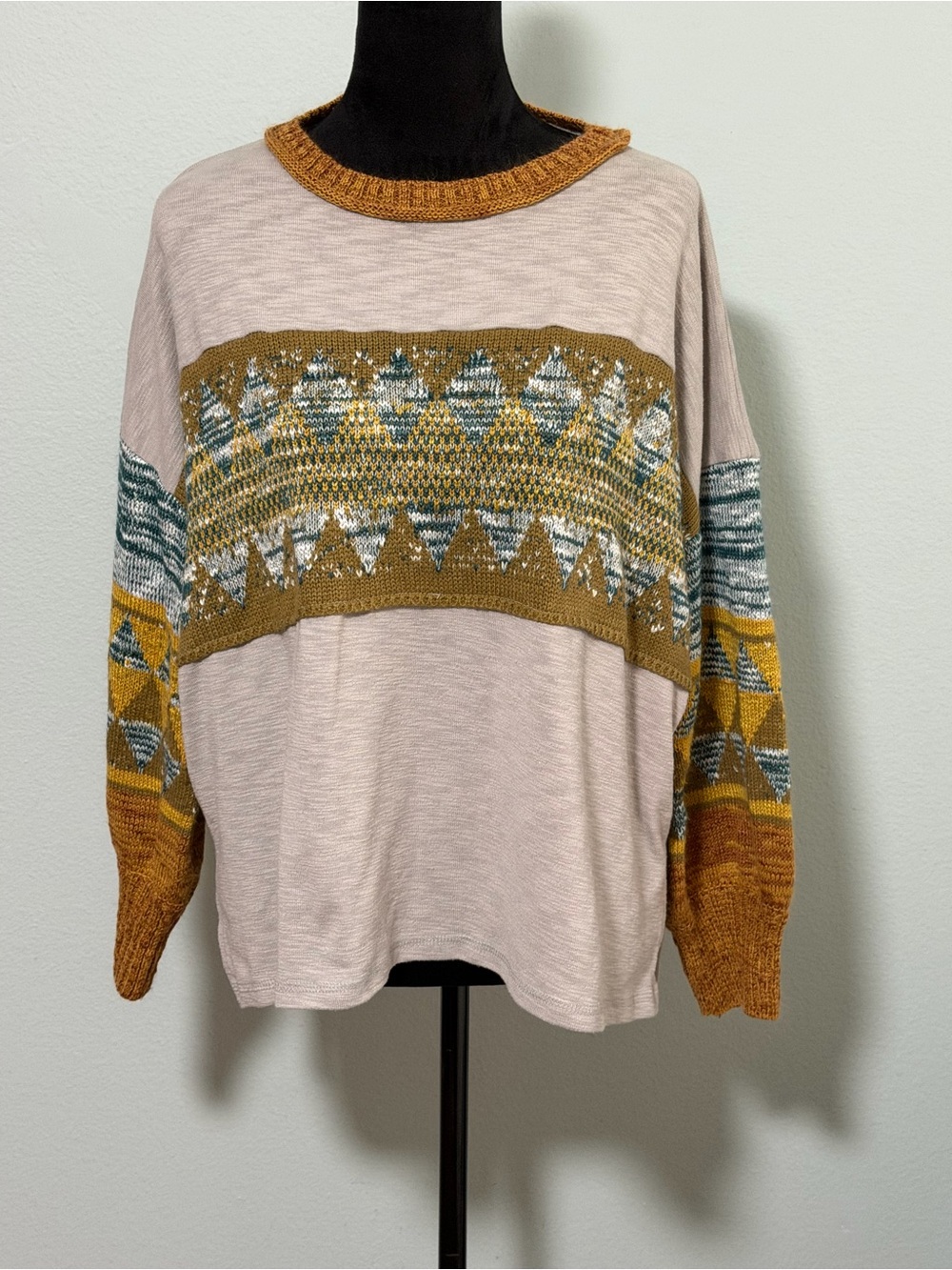 EASEL Long Crochet Sleeve Crew Neck Sweater with Crochet Knit Detail - Small